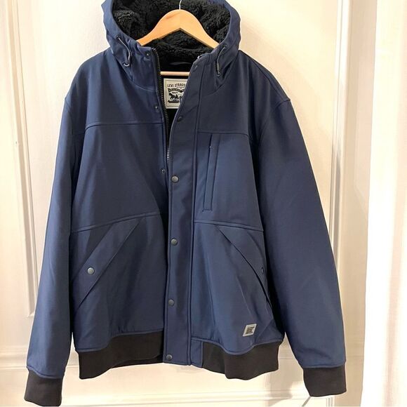Men’s Levi Strauss Soft Shell Sherpa Lined Hooded Jacket, Navy, XXL, NWT - Picture 2 of 9